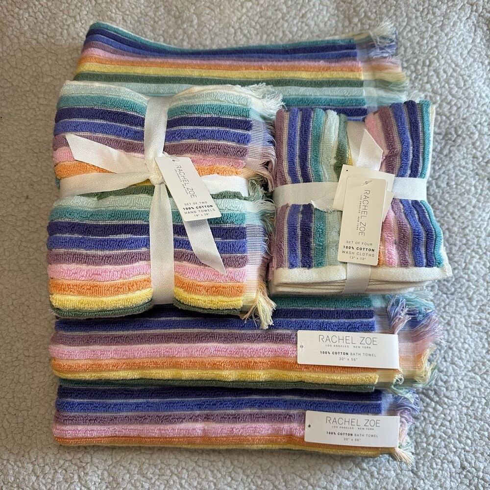 Rachel Zoe Bath Towel Set Rainbow Stripe Pattern Fringe NWT